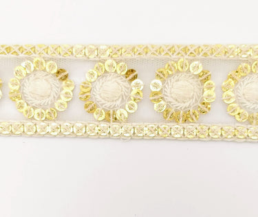 Nine Yards White Net Lace Trim Floral Embroidered With Gold Sequins, Sequinned Trim, Wedding Trim Bridal Trim